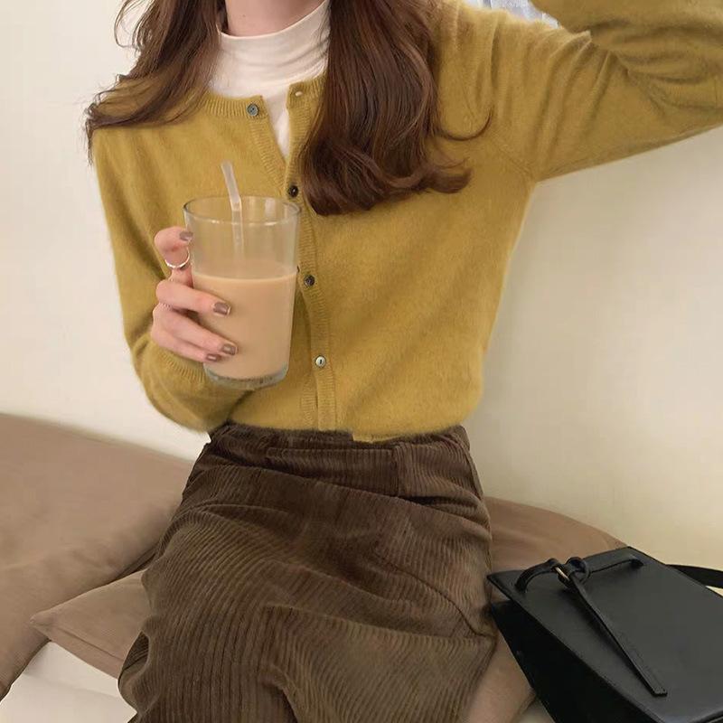 Spring Autumn Round Neck Purple Cropped Knit Cardigan Loose Outerwear Sweater Women
