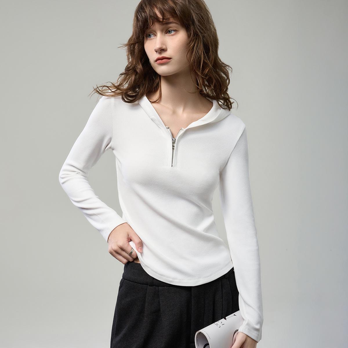 

Женский осенний топ 2025 года облегающего кроя с капюшоном и длинными рукавами на молнии до середины груди XXL белый