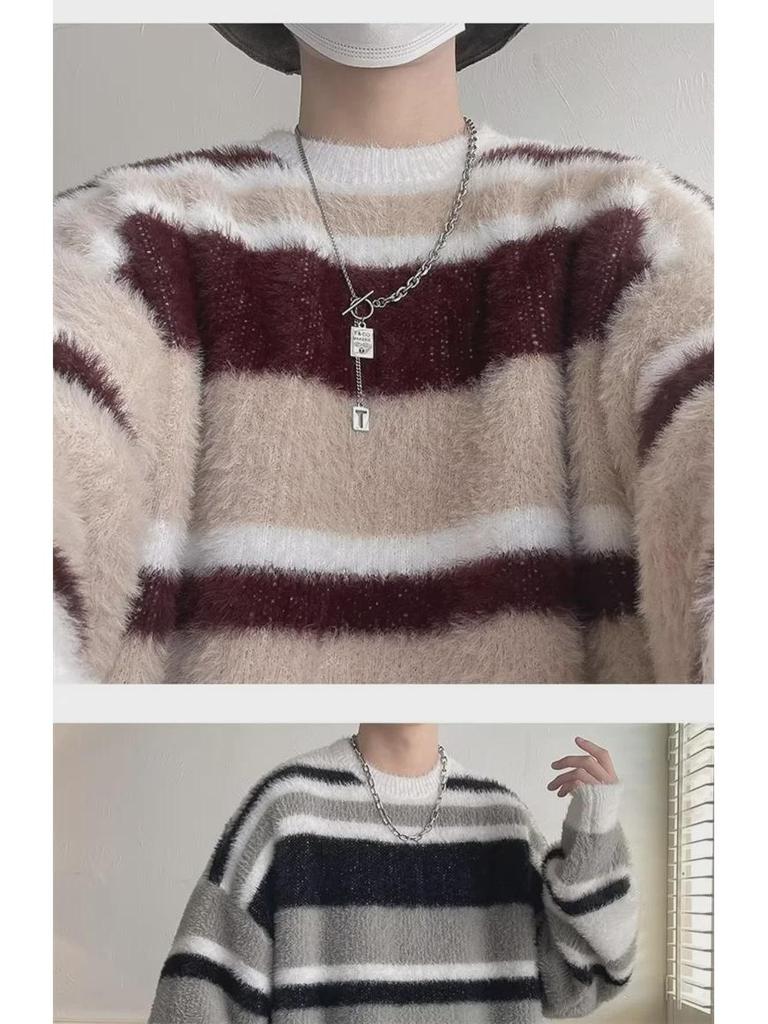 Pulover Bărbătesc Oversized cu Dungi din Mohair – Moale, Gros, la Modă și Perfect pentru Iarnă.