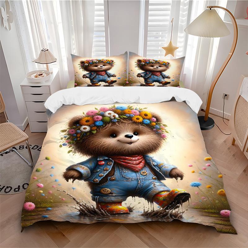3pcs Anime Bear Floral Crown Bedding Set - Includes One Quilt Cover and Two Pillowcases (No Core) - Home Decor, Festival Gift, Polyester Fab