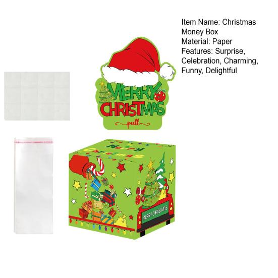 Yousheng Merry Christmas Money Box for Cash Gift Pull, Green Elf Surprise Money Holder with 50 Pcs Transparent Bags for Kids Adults