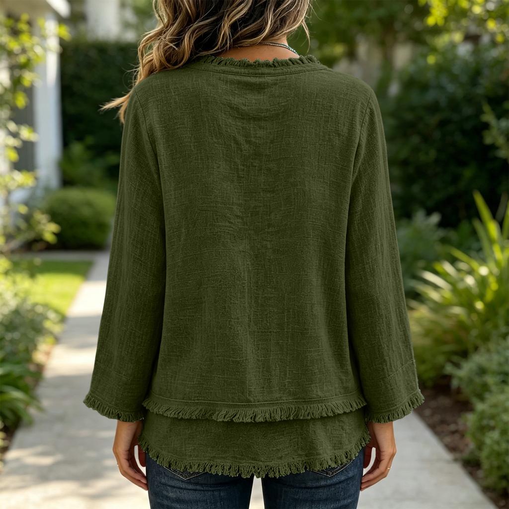 Women's Color Casual V-Neck Long Sleeve Cotton Linen Top