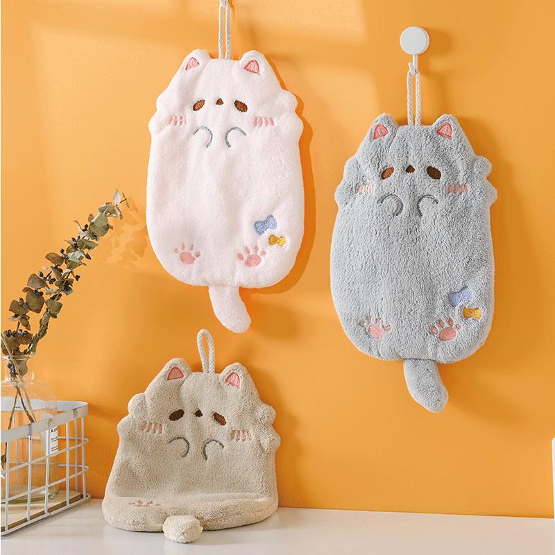 Cute Cartoon Cat Hanging Hand Towel Coral Fleece Non-shedding Thick Cloth High Appearance Level Kitchen Bathroom Absorbent Towel