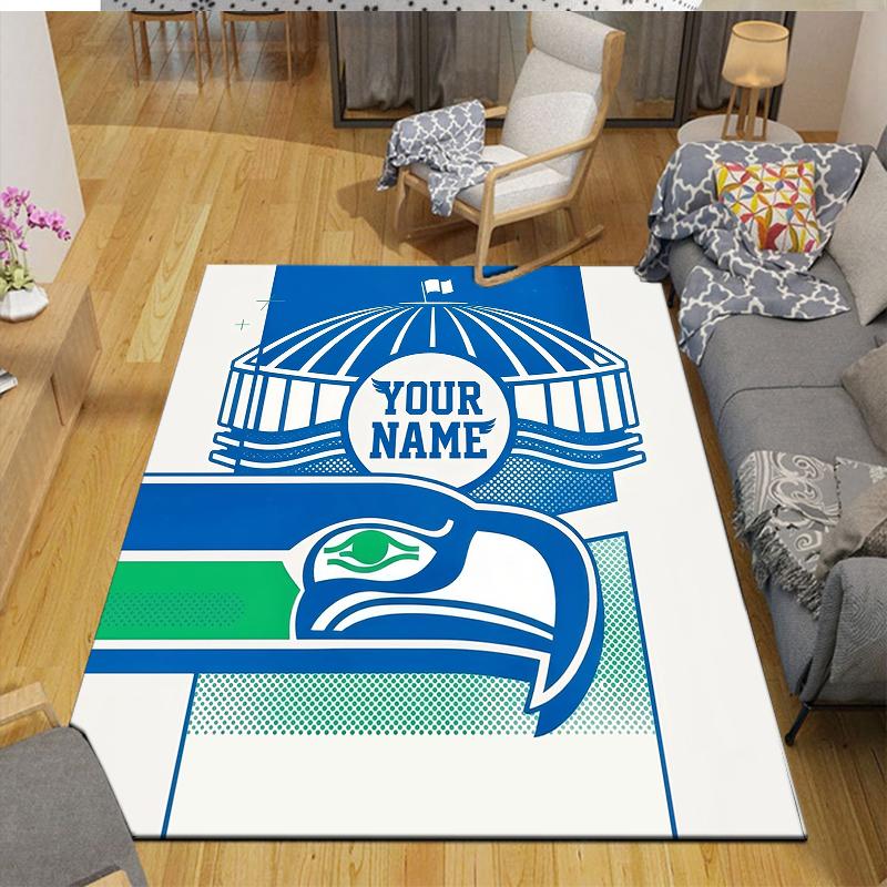 Custom Name,Seattle Seahawks Home Sofa Decoration for Living Room & Bedroom, Non‑Slip Play Flannel Floor Mat for Game Room
