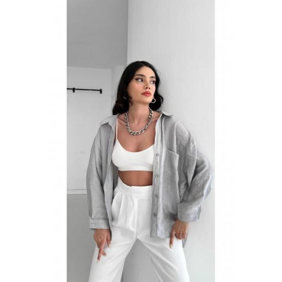 Cămașă de damă cu buzunar supradimensionat, cu umăr în jos