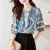 Ethnic Style Retro Printed Chiffon Shirt Female Elegant High-end V-neck Mid-sleeved Top Cover Belly Loose Shirt