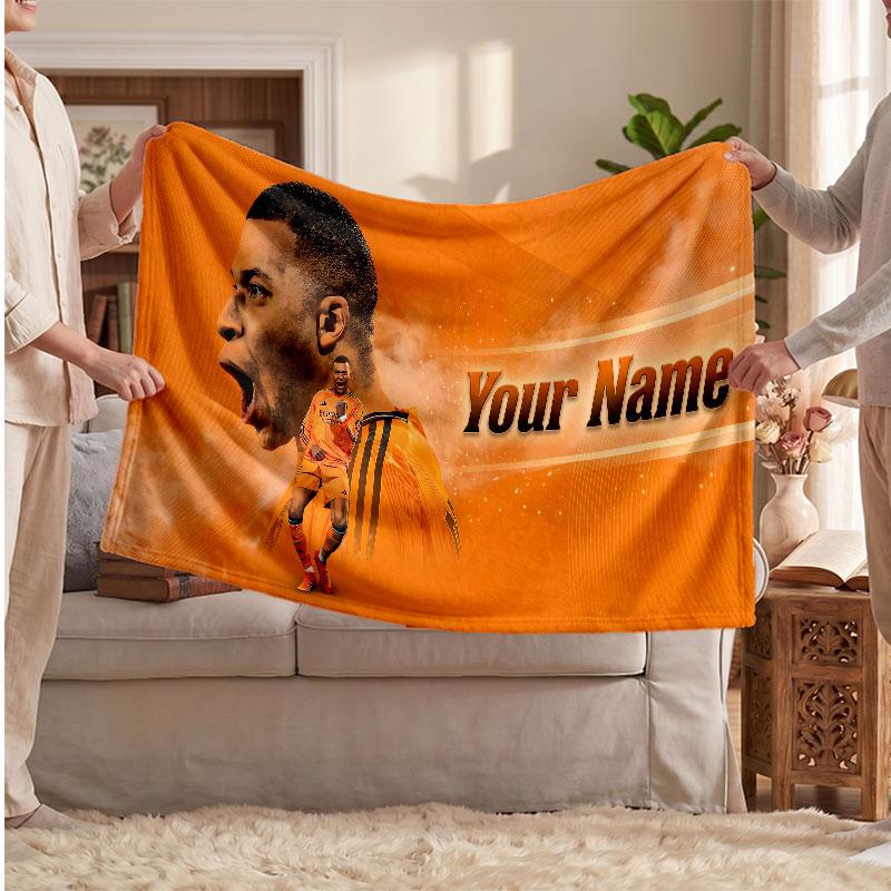Kylian Mbappe Personalisierte Fleecedecke Mit Fußballlogo, Individueller Name Text Weich Warm Wohnzimmer Überwurfdecke