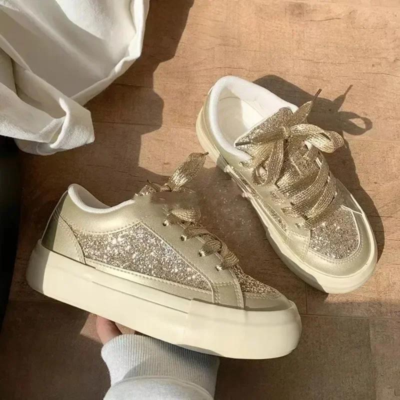 Fashion Summer Women's Bling Low Top Sneakers New Lace Up Increase Height Platform Shoes for Women Outdoor Women's Casual Walking Shoes