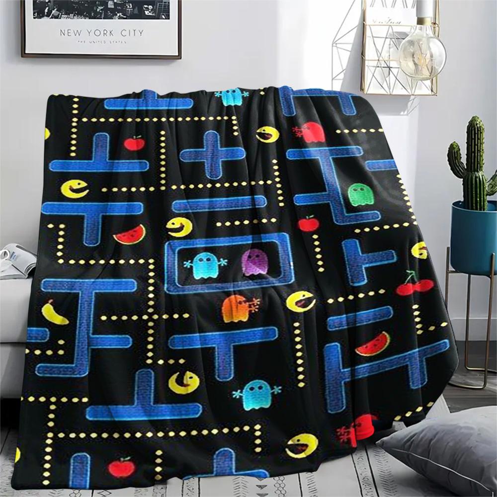 1PC Pac-Man Patterned Flannel Blanket Suitable For All Seasons for Home Decor Warmth and Comfort Gifts Holiday Present