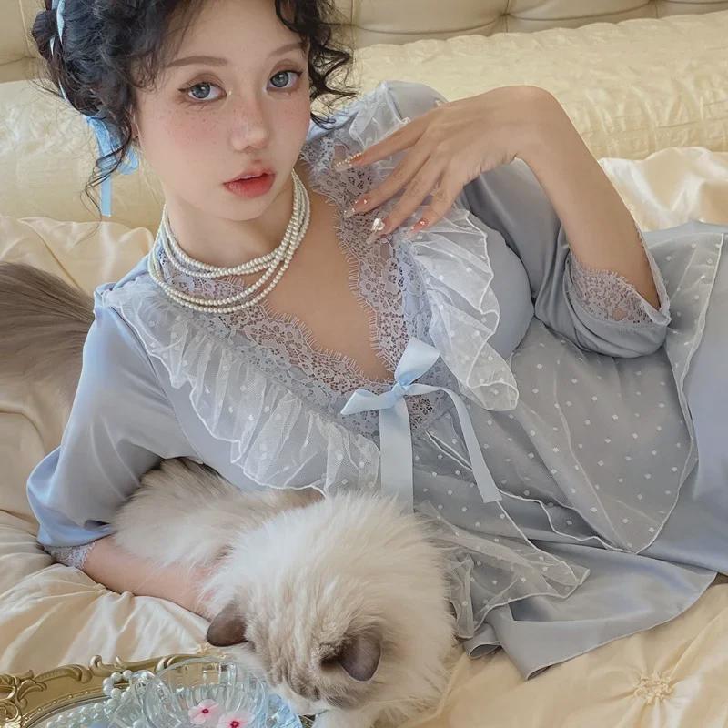 "Letní pyžamový set z ledového hedvábí": Dámský top s 3/4 rukávem a kalhoty se saténovou krajkou, princeznovský styl"