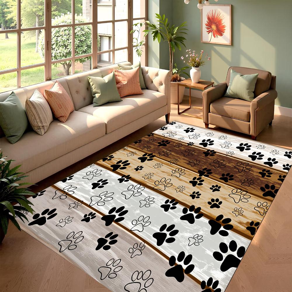 Modern Minimalist Pet Paw Print Wood Grain Rug Non-Slip Indoor Hallway Carpet Soft Stain-Resistant Mat for Entryway Living Room