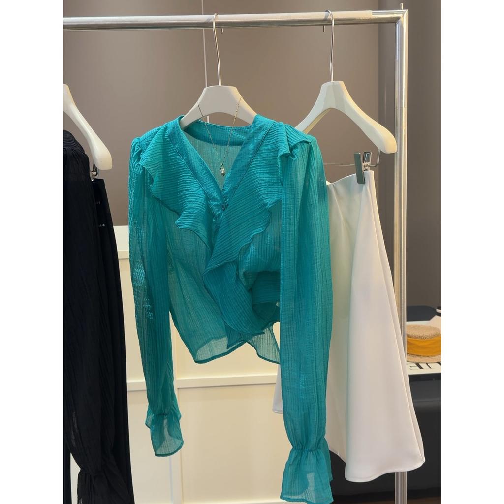 Women's V-Neck Long Sleeve Blouse Ruffle Flounce Chiffon Loose Casual Summer Top