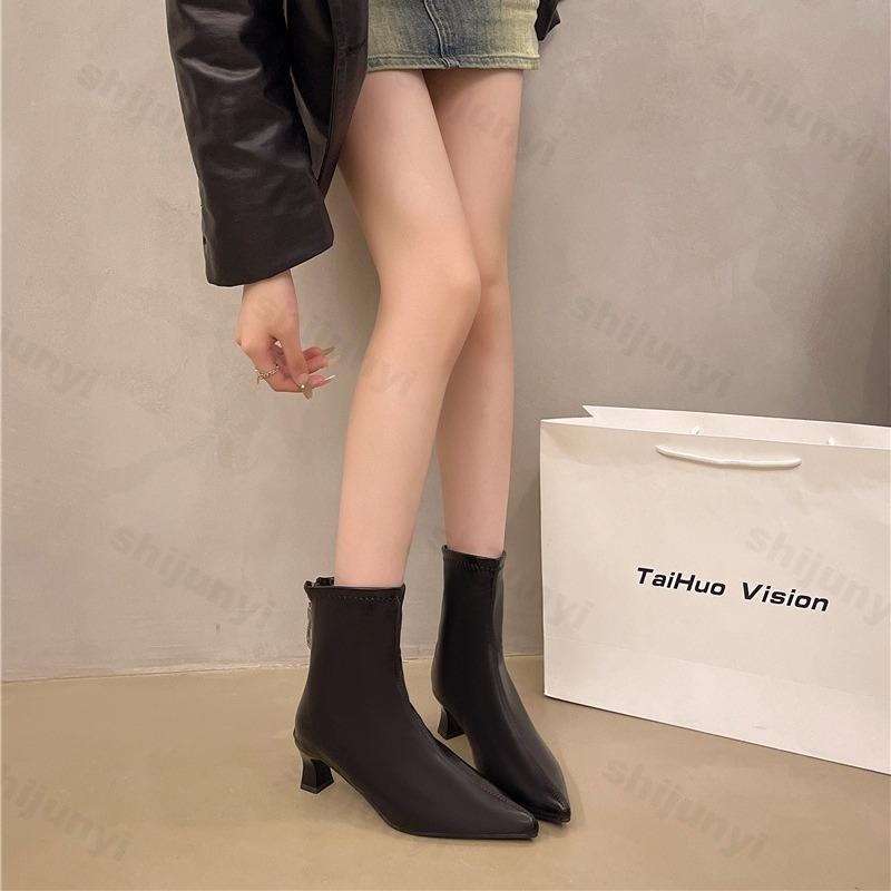 Women's High Heel Boots Autumn 2026 New Fashion Pointed Toe Thin Heel Shoes Women Party Zipper Ankle Boots Botines Para Mujeres