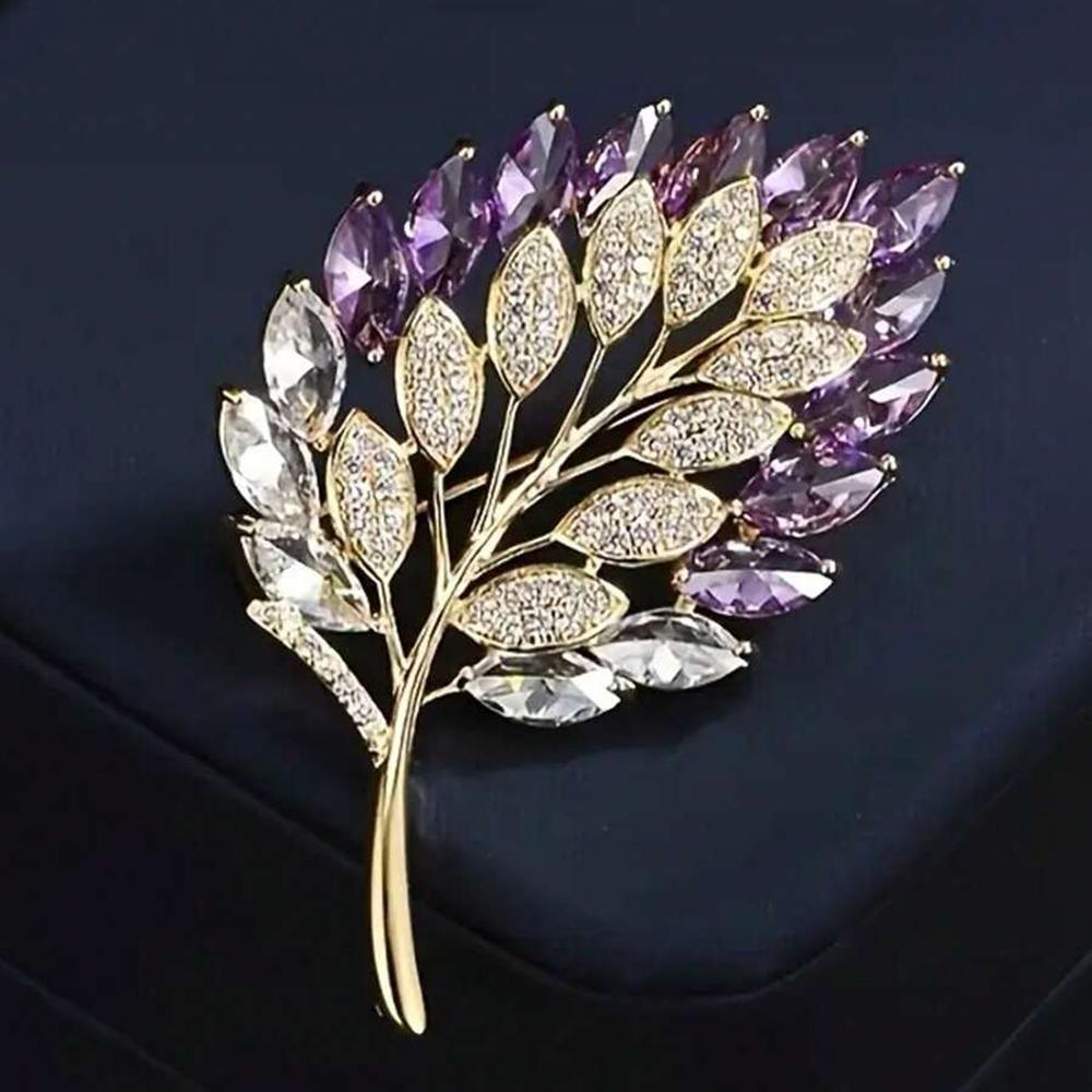 1pc Women's Elegant Romantic Brooch Purple Leaf Flower Design Alloy Crystal Plant Brooch Party Birthday Jewelry Accessory