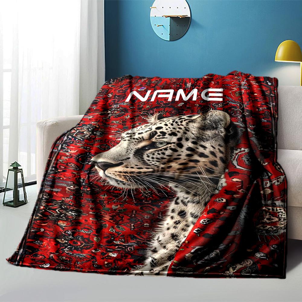 Home Customize Your Name Blankets Leopard On Red Carpet Pattern Comfortable Soft Lightweight Allseason Multipurpose Blanket For Picnics Sofas Offices