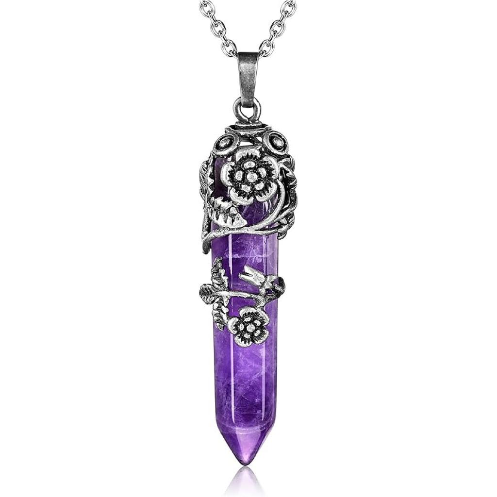 Top Plaza Antique Silver Flower Wrapped Natural Rose Quartz Healing Crystal Necklace Mothers Day Mom Gifts