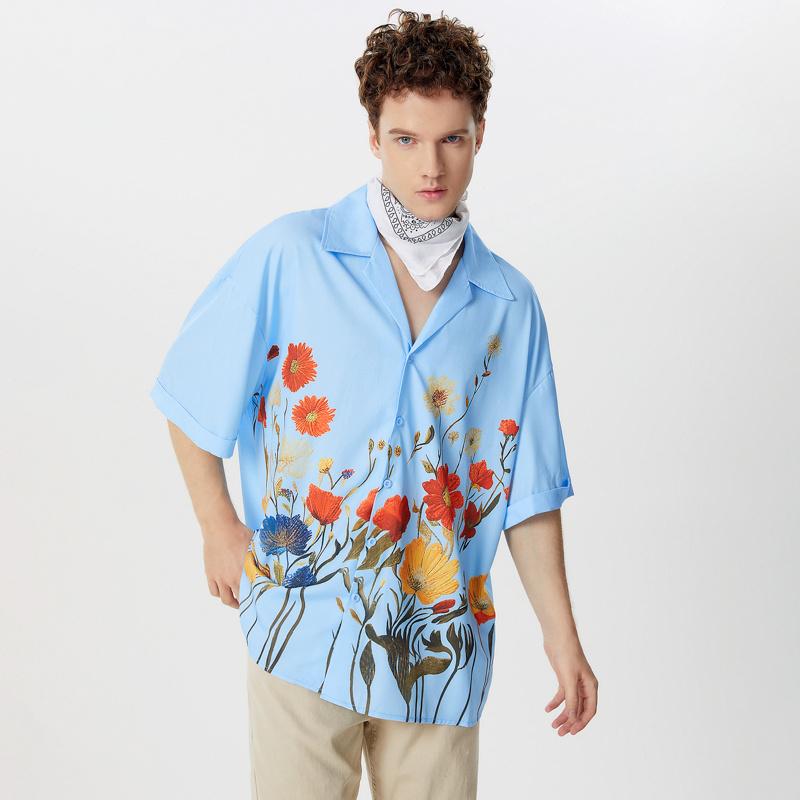 INCERUN Men Floral Printed Short Sleeve Hawaiian Shirts Oversized Lapel Buttons Tops