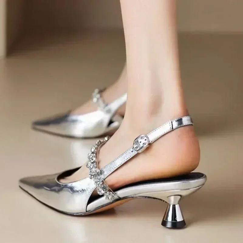 New Women's Sandals Pointed Toe Slingbacks Rhinestone Wedding Shoes Gold Sliver Low Heels Summer Mujer Luxury Zapatos De Mujer