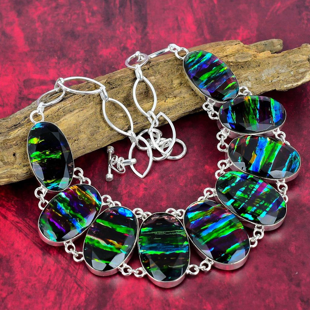 Ammolite Gemstone Jewelry, 925 Solid Sterling Silver Necklace & Bracelet Jewelry Set For Her, Amazing Handmade Gorgeous Set Jewelry