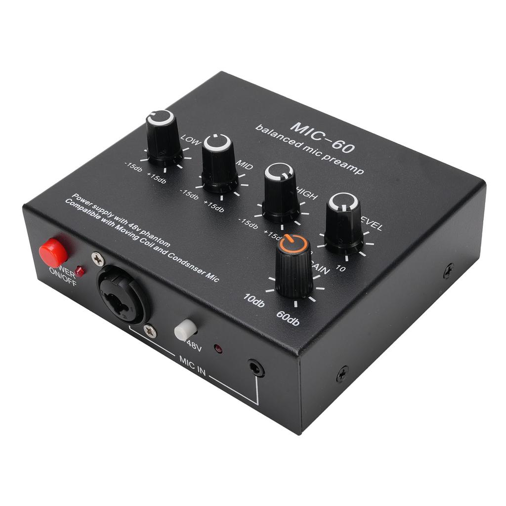 Microphone Preamp Mic Gain Booster 48V Power Supply Mic Pre Amp for Dynamic Condenser XLR 3.5mm 6.35mm Inputs Outputs