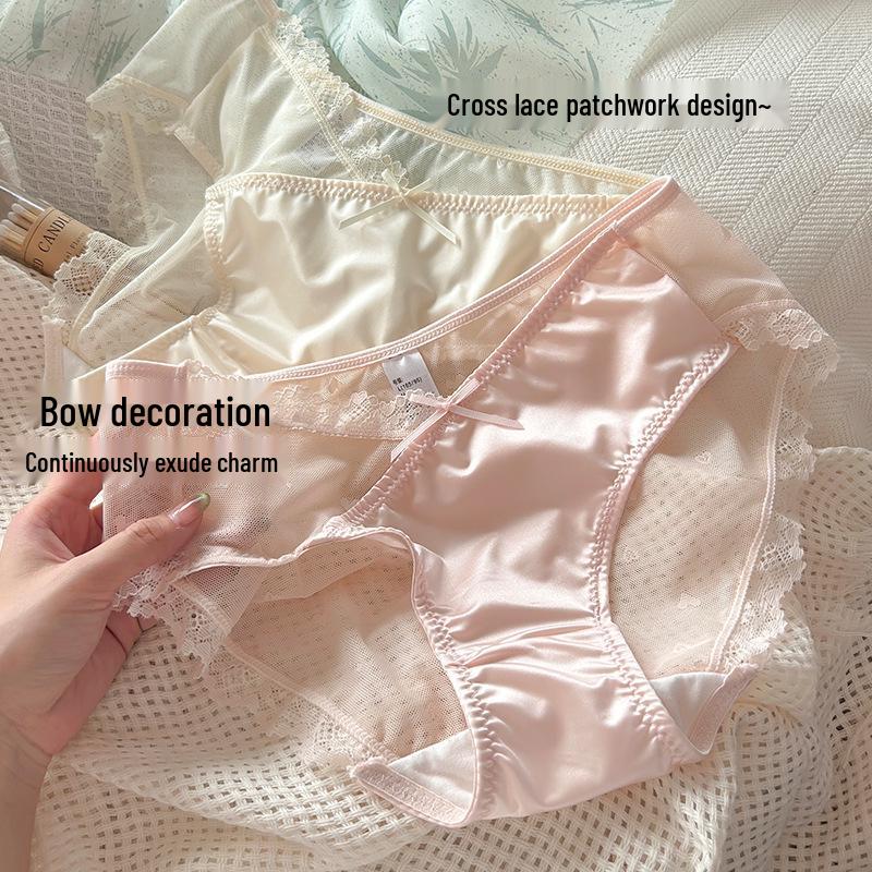 Slightly Tipsy Moonlight Mid-Waist French Satin Lace Briefs for Women