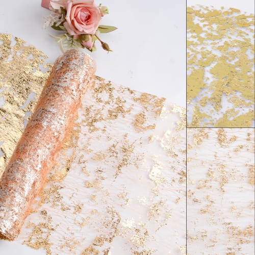 URROMA Disposable Gold Placemat Set, Dining Mat, Gold Foil Grid Table Runner, Sequin Glitter Foil, Metallic Gold Thin Mesh Table Decor, 11 Pieces