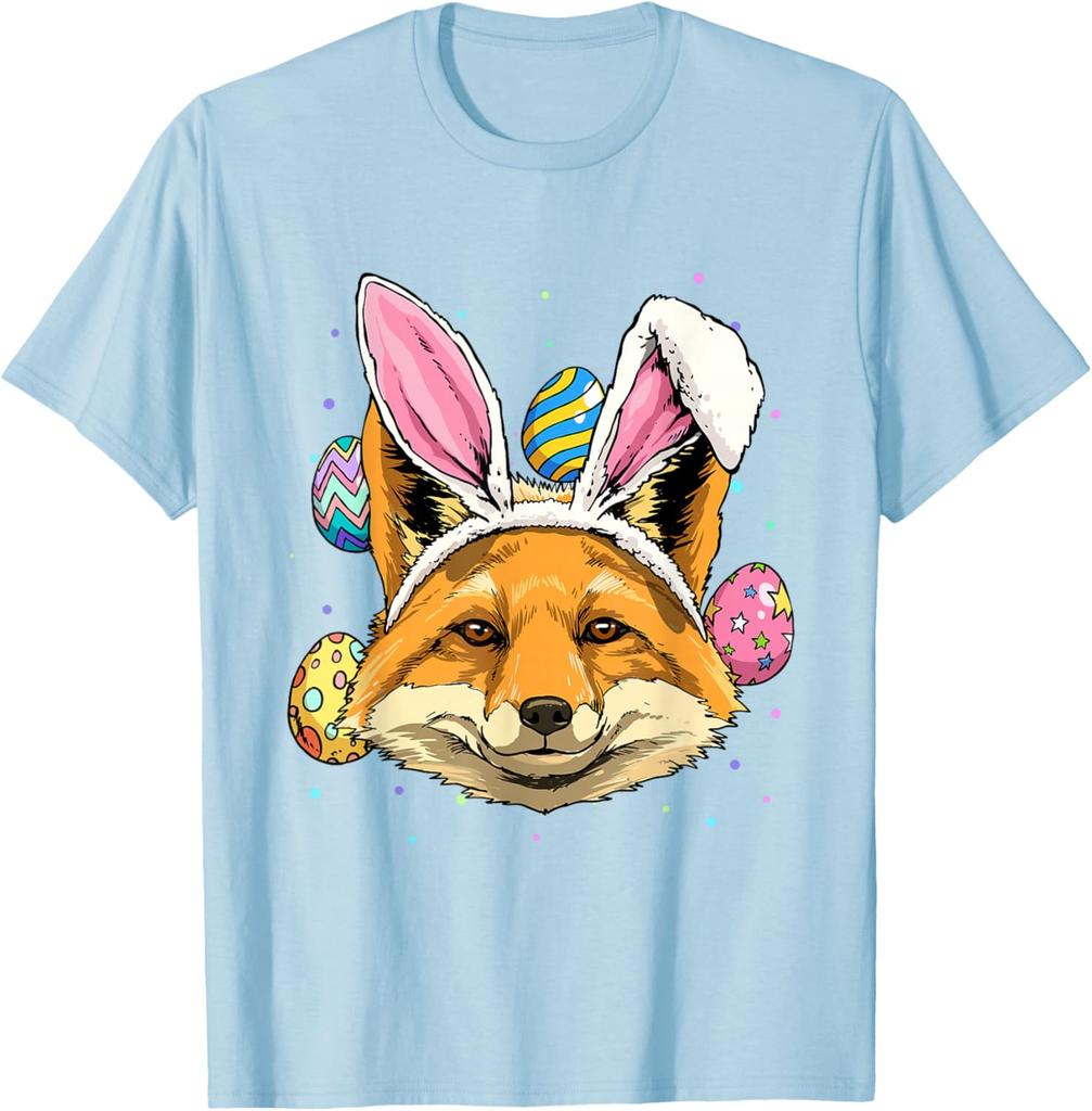 Easter Bunny Fox T-Shirt Funny Fox Lover Animal Graphic Tee Casual Crew Neck Tee