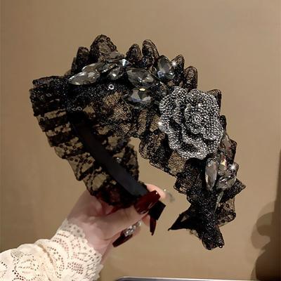 Luxury Korean Style Women Black Lace Hairband with Rhinestone Flower Headband Wide Edge Hair Clip Female Hairpin New Headwear