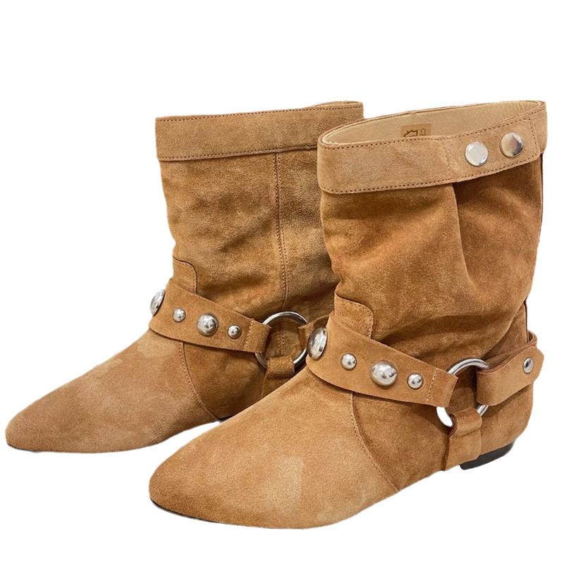 Autumn Winter Women's Brown Western Boots Fashion Metal Belt Rivet Buckle Casual Flat Shoes Ankle Booties Zapatos De Mujer
