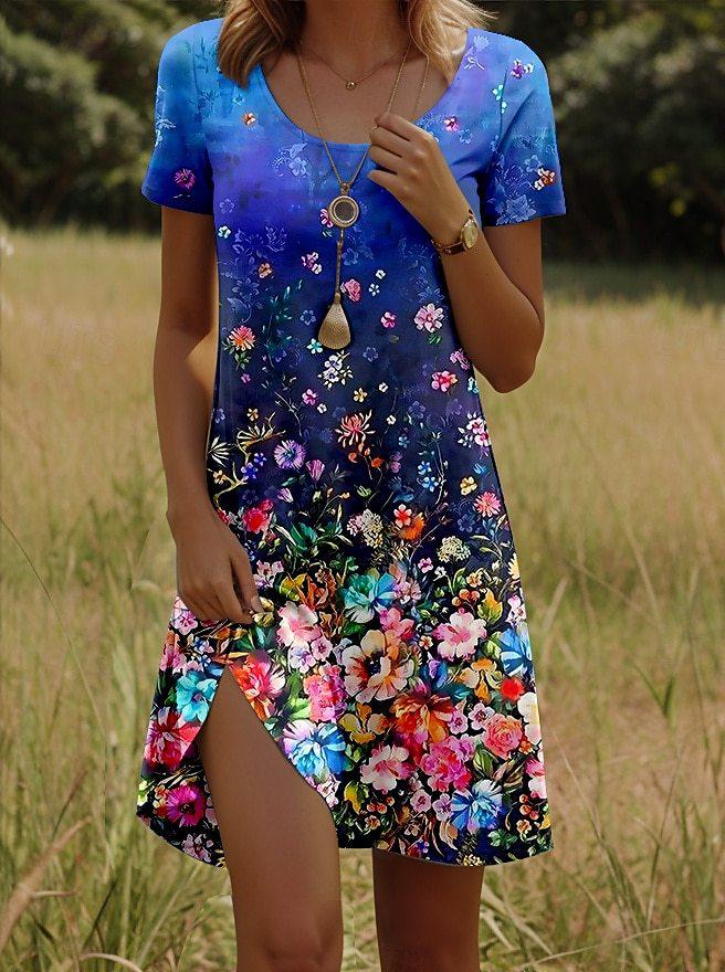 Women's New Round Neck Short Sleeve Dress with Indian Print – European & American Style