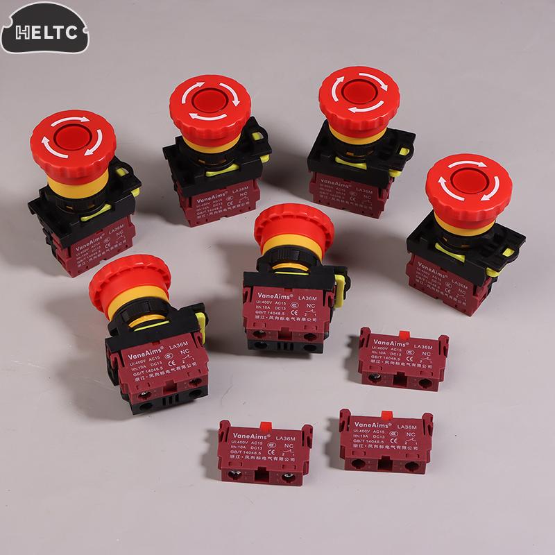 22MM LA36M Emergency Stop Button Switch E-Stop Plastic Mushroom Push Button Switches ON OFF With LED Light 12V-24V 110V 220-380V