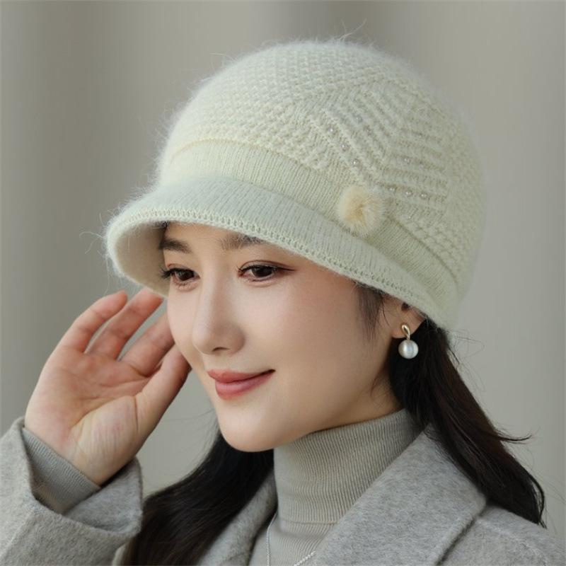 Knitted Bucket Hat Women's Autumn and Winter Velvet Warm In the Elderly Mother Hat Ear Protection Cold Thickening Foreign Gas Knitting