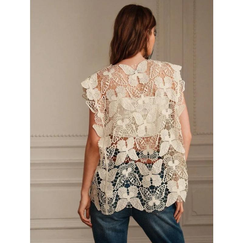 Dimanaf 2024 T-Shirt Women Knitting Lace Vest O-Neck Hollow Summer Style Basic Tops New Tees Loose Pink