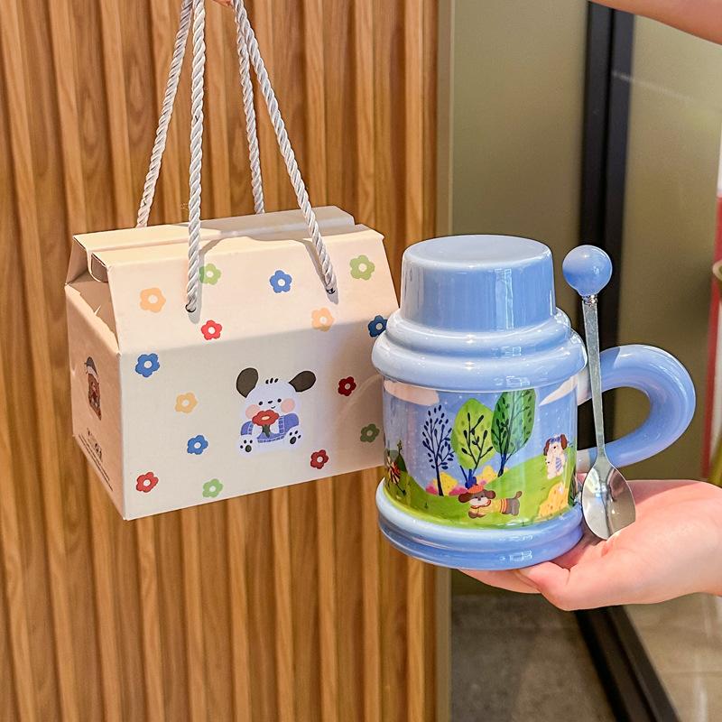 Cute Fairy Tale Puppy Water Cup Couple High Value Ceramic Mug with Lid Spoon Birthday Graduation Gift for Boys and Girls