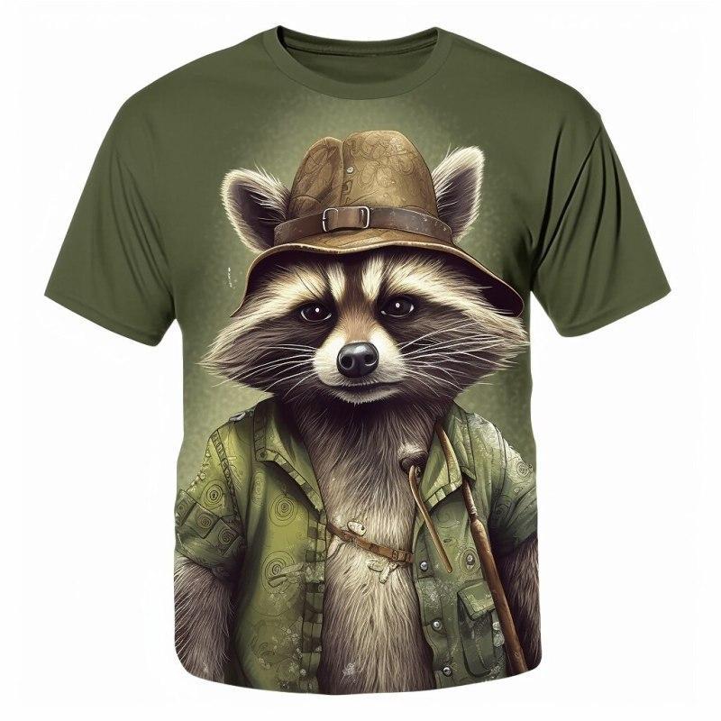 Summer Round Neck 3D Cute Funny Raccoon Graphic Print Top Fashionable Casual Short Sleeved Men's T-shirts