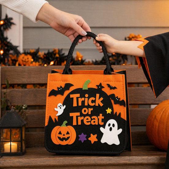 Ghost And Bat Candy Bag Halloween Trick or Treat Bag, Felt Goodie with Pumpkin Patches, Tote Large for Kids, Party Favor, Haunted House Decor Stiff