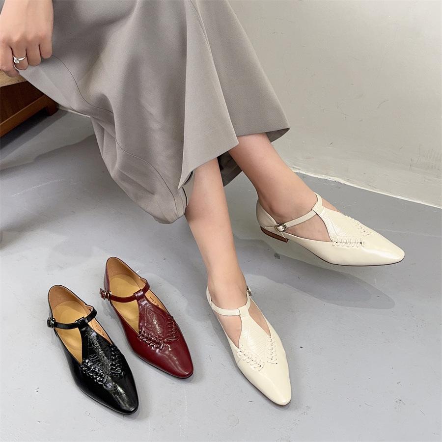 Johnature Genuine Leather Buckle Strap Women's Shoes French Style Versatile Temperament Pointed Flat Shoes