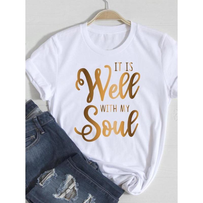 (European Size) Cute Women Tee Faith Letter Style Top Short Sleeve Fashion Print Lady Clothing Casual  T-shirt Female Graphic T-shirts