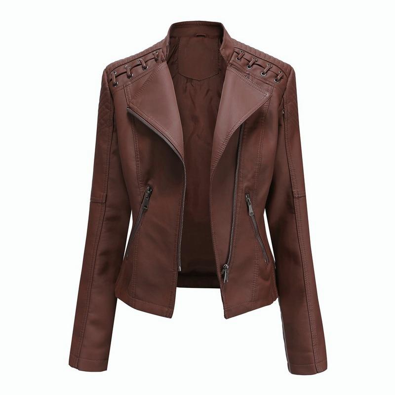 Women Faux Leather Zip Up Bomber Jacket Biker Coat Casual Flight Tops Outwear