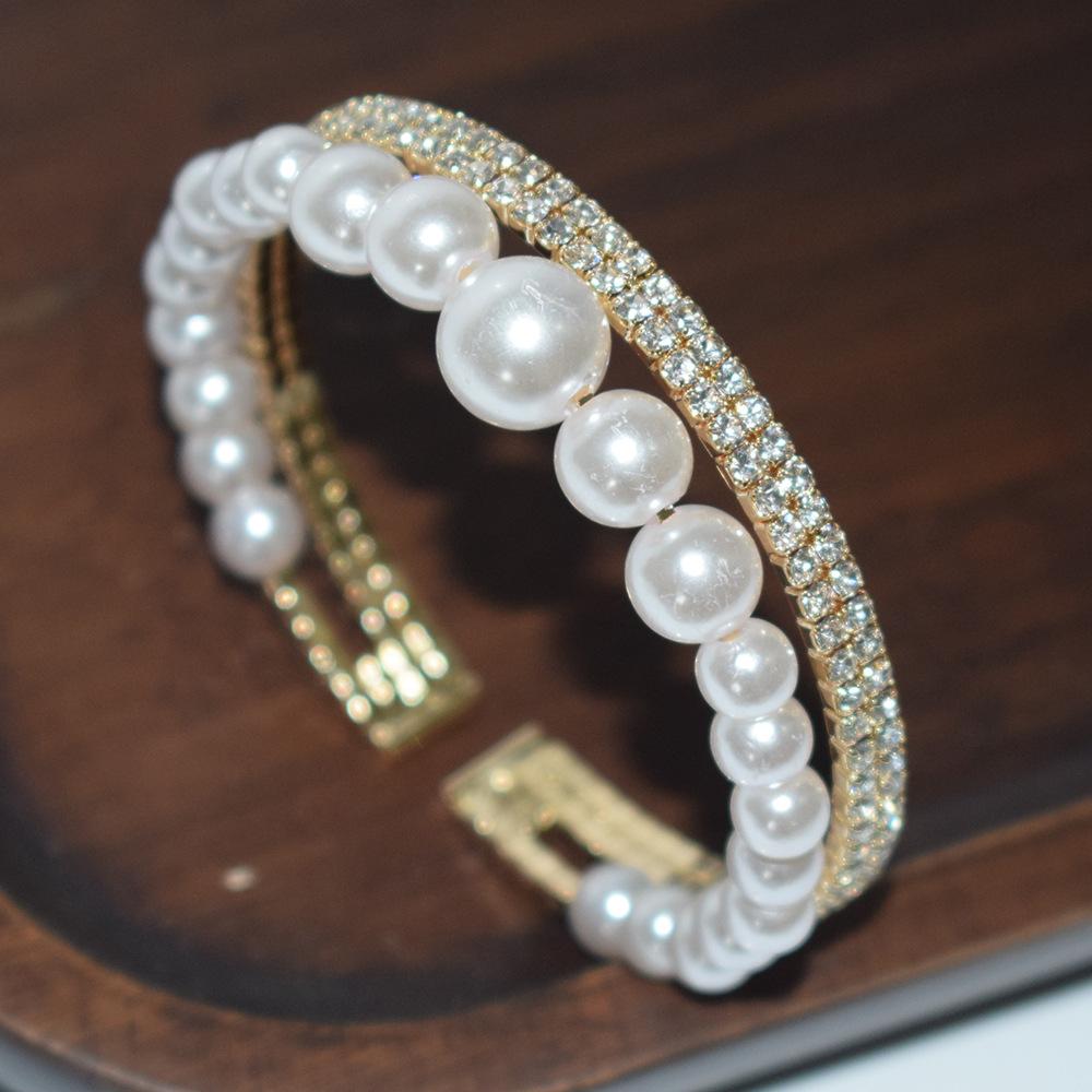 Hot Sale Baroque Crystal Pearl Opening Bracelet Gold and Silver Color Rhinestone Multi-Layer Bridal Wedding Jewelry