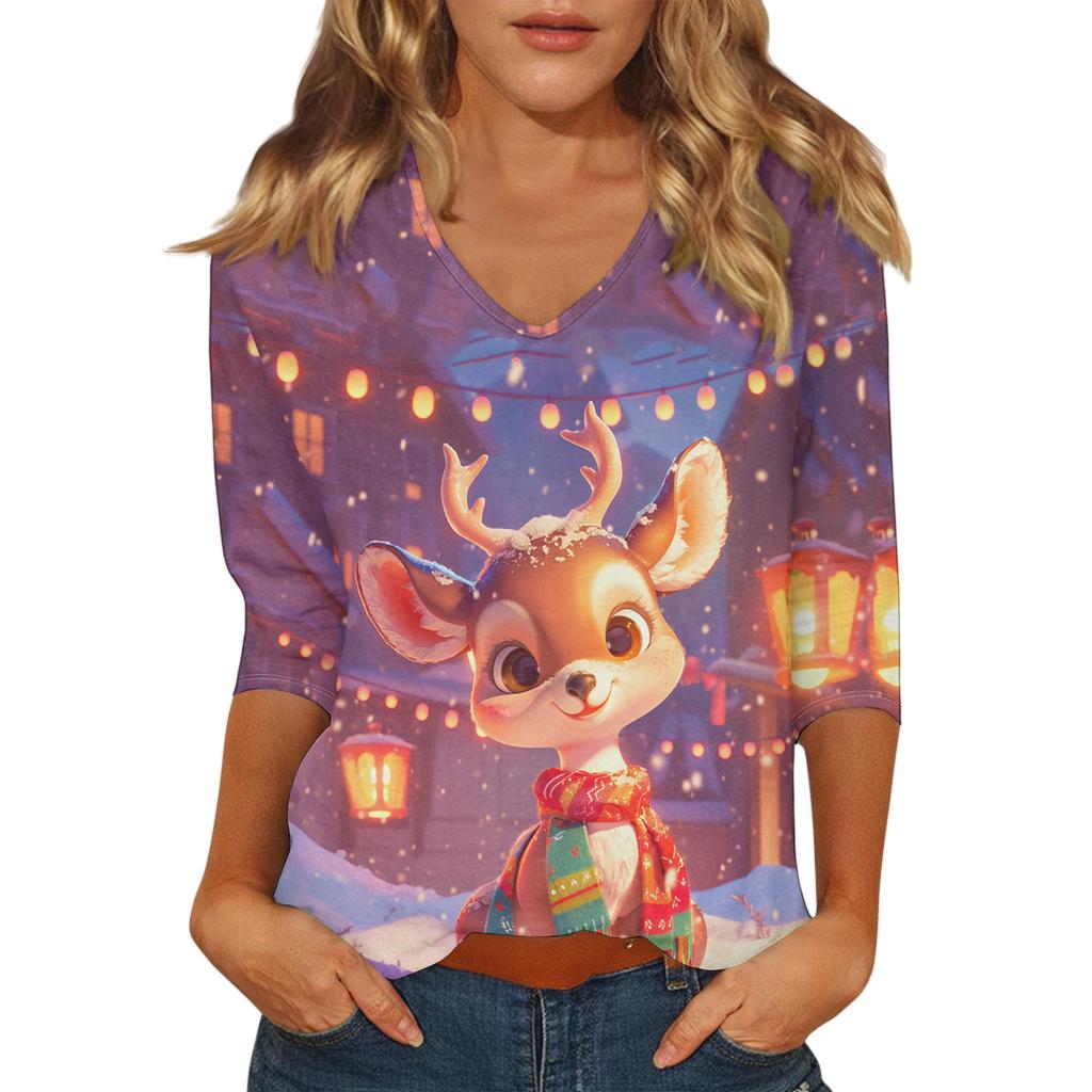 Dámský vánoční potištěný módní ležérní top se sedmiosminovými rukávy a výstřihem do V