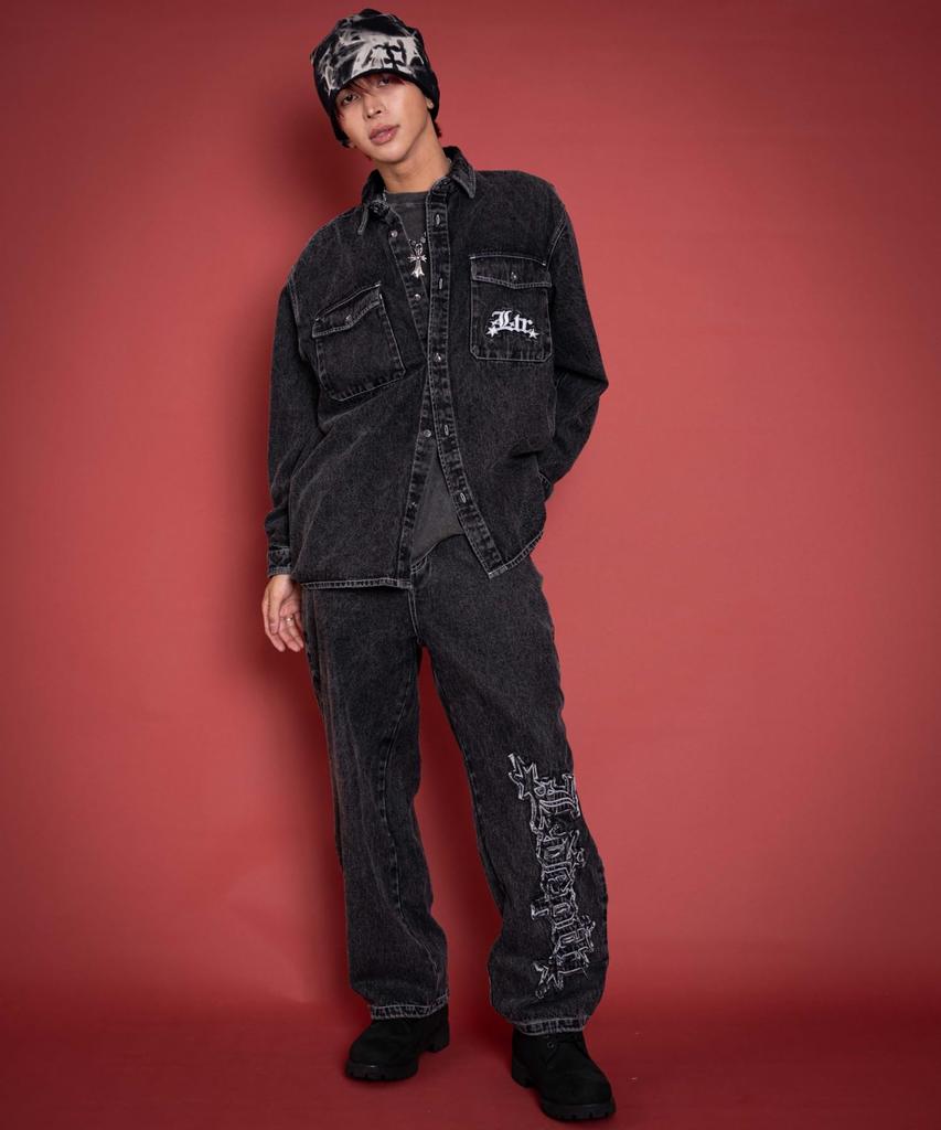 WEGO Graphic Denim Size Denim Black Sonata Men's Pants, L,