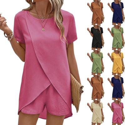 Women's Loose Casual Two-piece Set Short Sleeved Sleeve Round Neck Loose Casual Shorts Solid Color Irregular Set