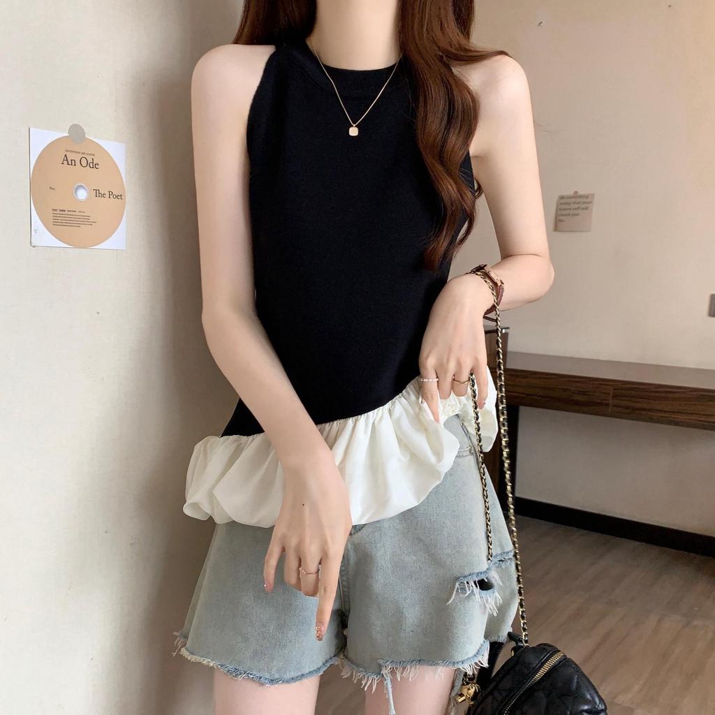 2025 Women's French-Style Patchwork Halterneck Sleeveless Top: Sweet & Spicy Slim Fit Summer Vest