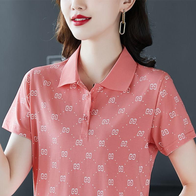 Women's Short-sleeved New Loose Middle-aged Mother's Lapel Polo Shirt Large-size Top Summer