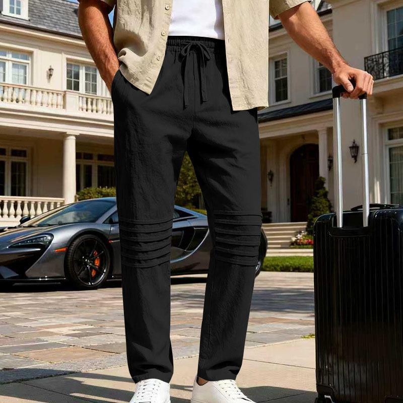 Men's Linen Blend Casual Pants Elastic Waist Drawstring Trousers with Knee Pleat Detail