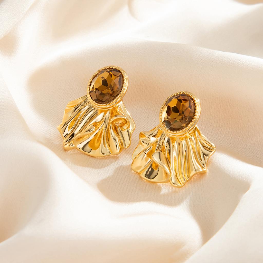 Vintage Metal Wave Petal Stud Earrings for Women Fashion Simple Elegant Texture Rhinestone Charm Earrings Female Jewelry