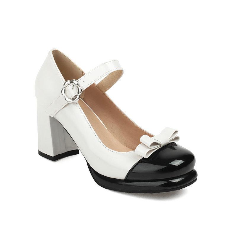 Chunky Heels Lolita Women Pumps Shoes Sweet Bowknot Mixed Color Vintage Mary Jane Shoes Patent Leather Platform Pumps Size 34-43