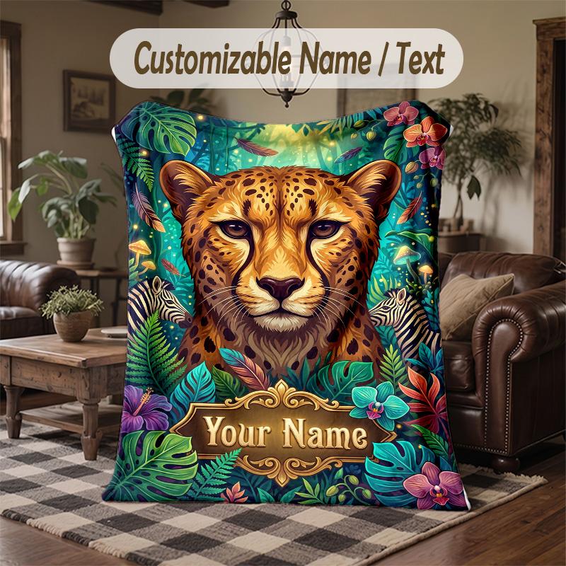 Jungle Animal Parade Theme Throw Blanket Custom Name Text Personalized Blanket Soft Cozy Blanket for Home Sofa Bed