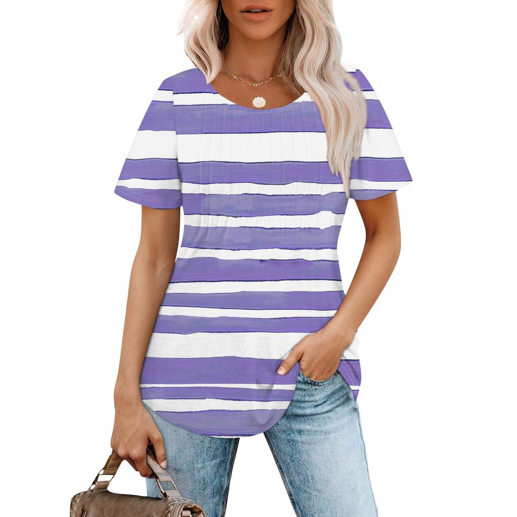 Women's Fashionable Casual Pleated Round Neck  Printed Short Sleeved T-shirt Top